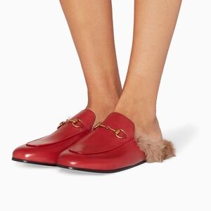 Red leather Gucci fur mules